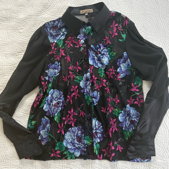 Vintage Lace and velvet Floral Sheer Black Blouse - Picture 4 of 9